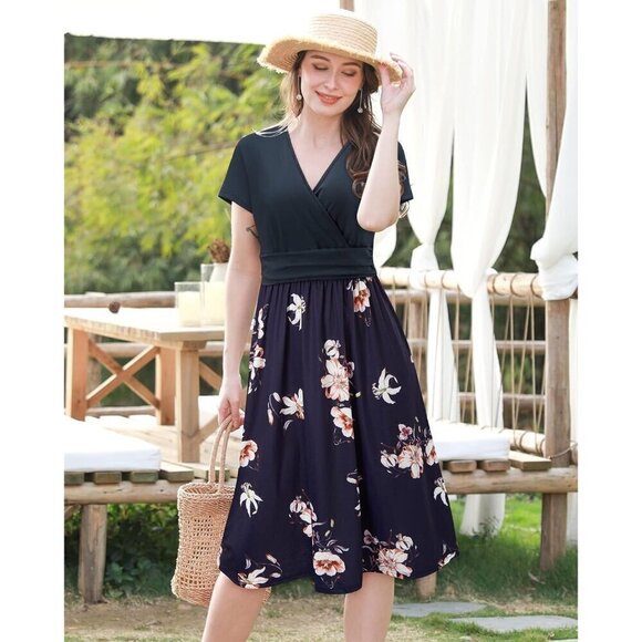 Womens Summer Short Sleeve V-Neck  Floral Wrap Waist Casual Dress with Pockets - Picture 2 of 6